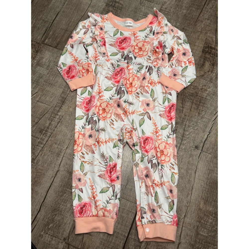 Floral Long Sleeve Ruffle Romper Pink Peach Rose Print 12-18M